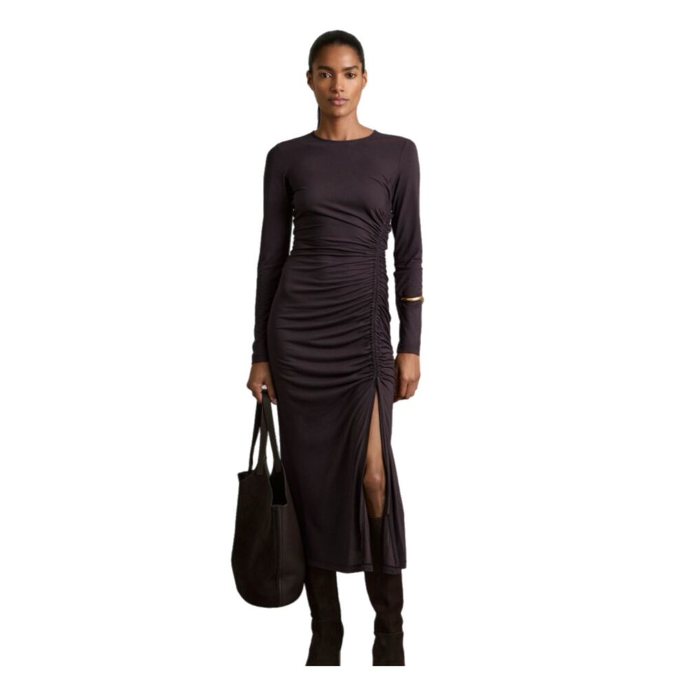 REISS Rosie Ruched Jersey Midi Dress Burgundy Long Sleeve US 8 UK 12 NWT